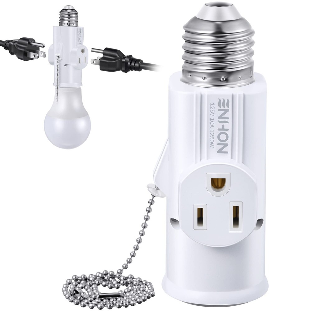 3 Prong E26 Light Socket to Plug Adapter, White Heat Resistant Silver