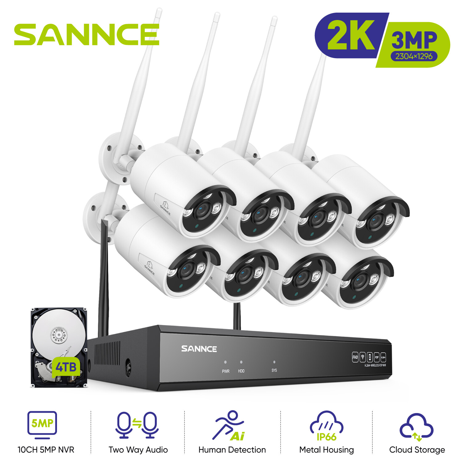 SANNCE Wireless 3MP Security Camera System 5MP 10CH NVR Two-Way Audio Recording