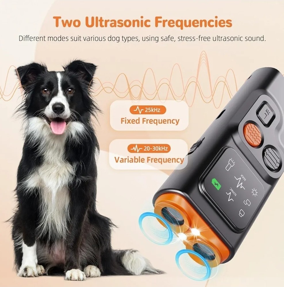 Ultrasonic Dog Bark Deterrent Device, 2 Modes, Flashlight, 30 Ft Range, New