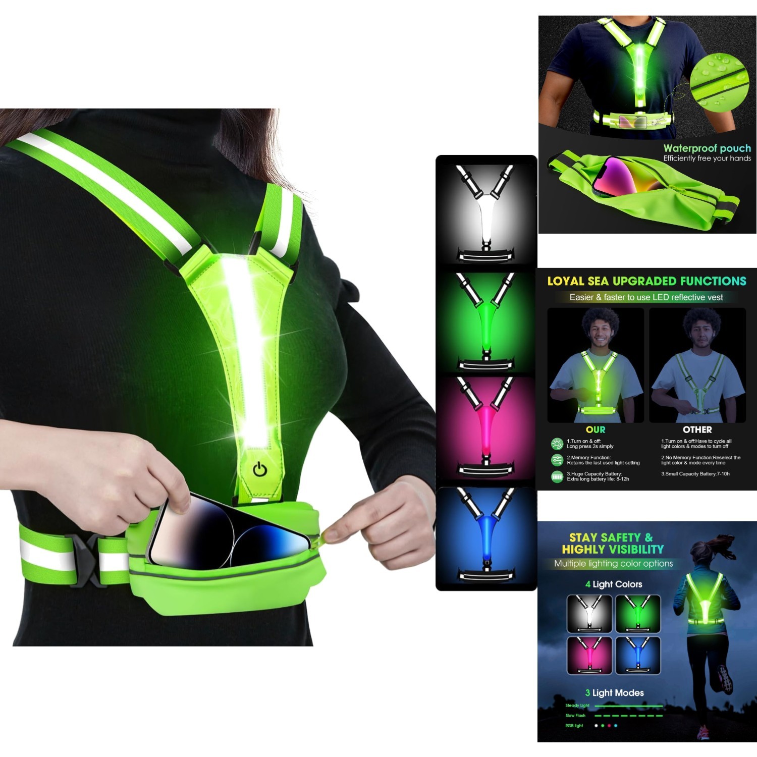 LED Reflective Running Vest Rechargeable Safety Light Up Gear for Walking Biking