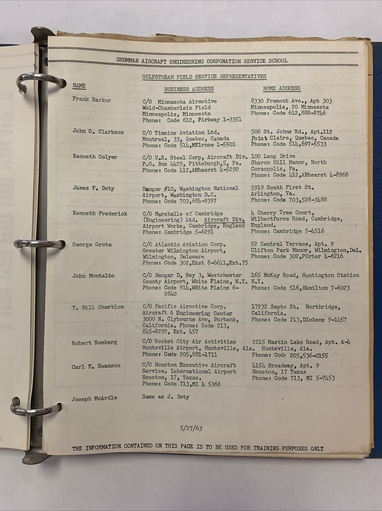 1962-63 Grumman Service School Gulfstream Maintenance Course Schedule