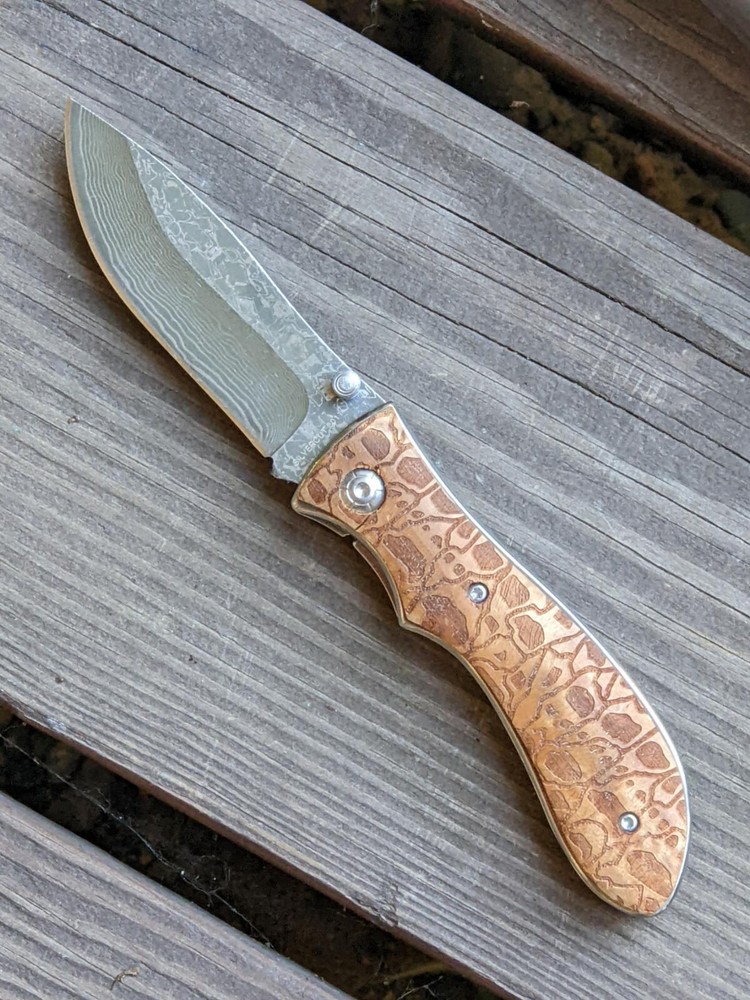 Silver Cut Folding Knife Artificial Damascus Blade Engraved Handle Box