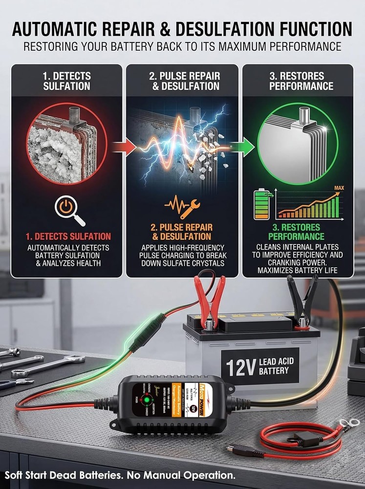 12V 800mA Automatic Battery Charger & Maintainer - Safe & Easy Operation