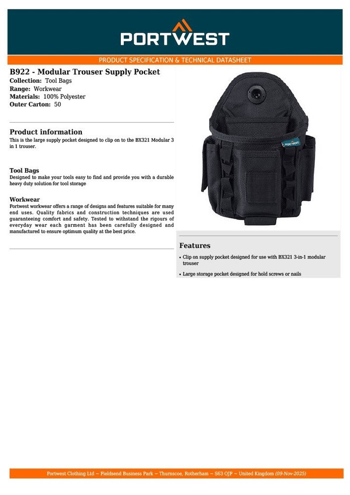 Portwest Modular Trouser Supply Pocket Black | B922