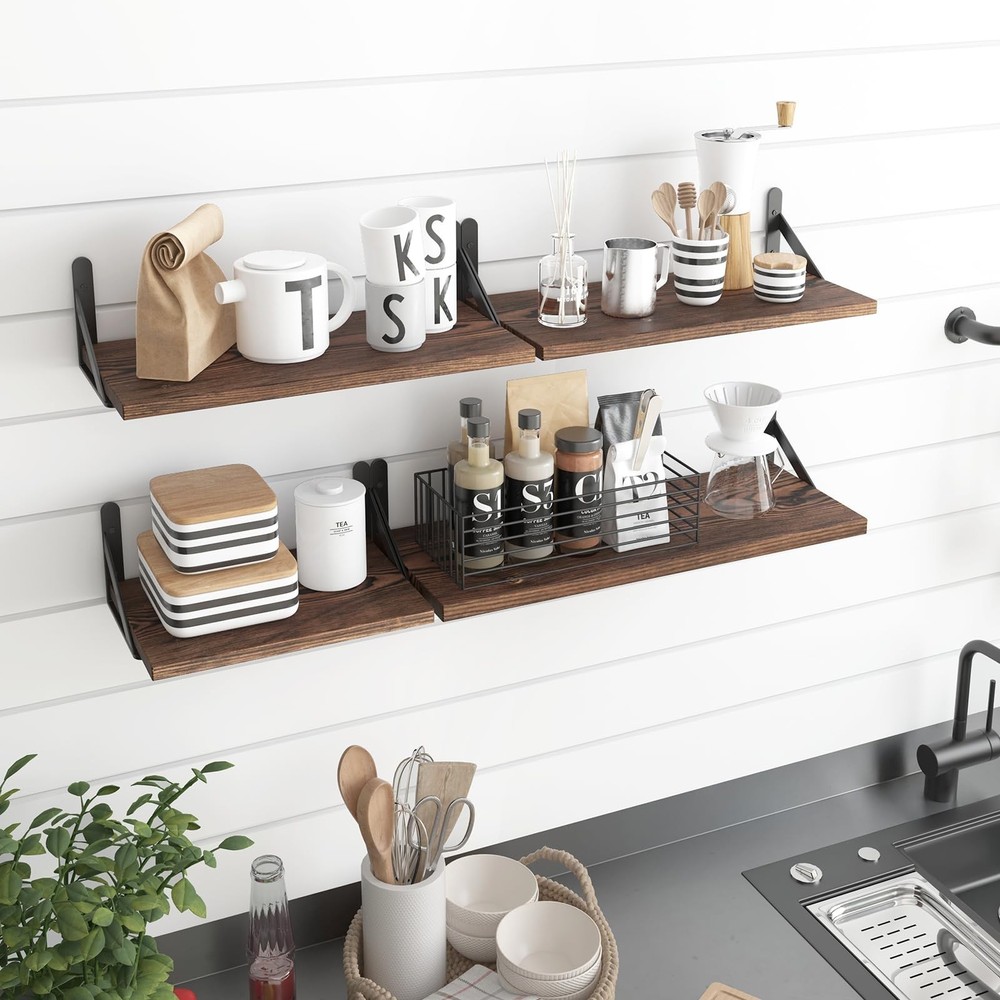 YGEOMER Floating Shelves for Wall, Different Sizes Dark Carbonized Pine Wall ...