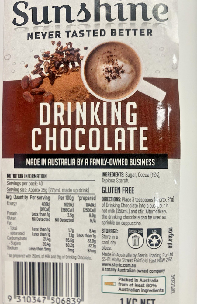 SUNSHINE   DRINKING CHOCOLATE 1KG australian made