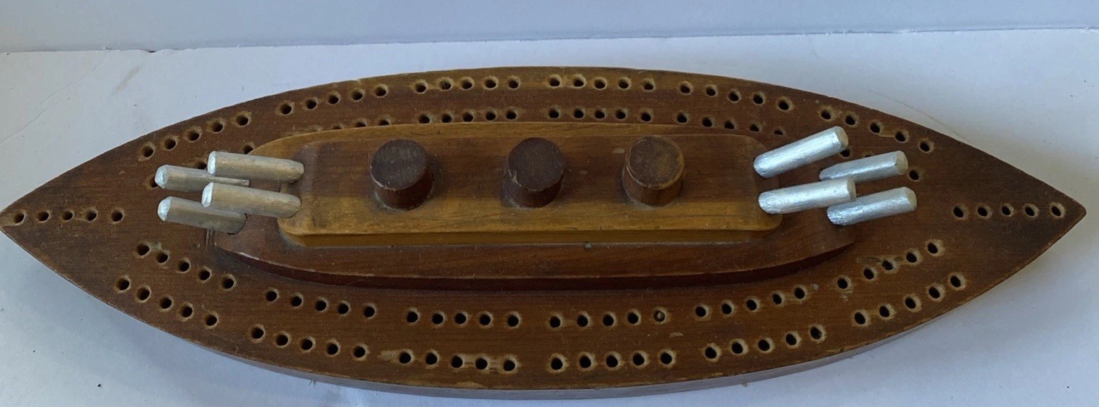 Vintage Folk Art WW2 Trench Art Battleship Cribbage Board Ship