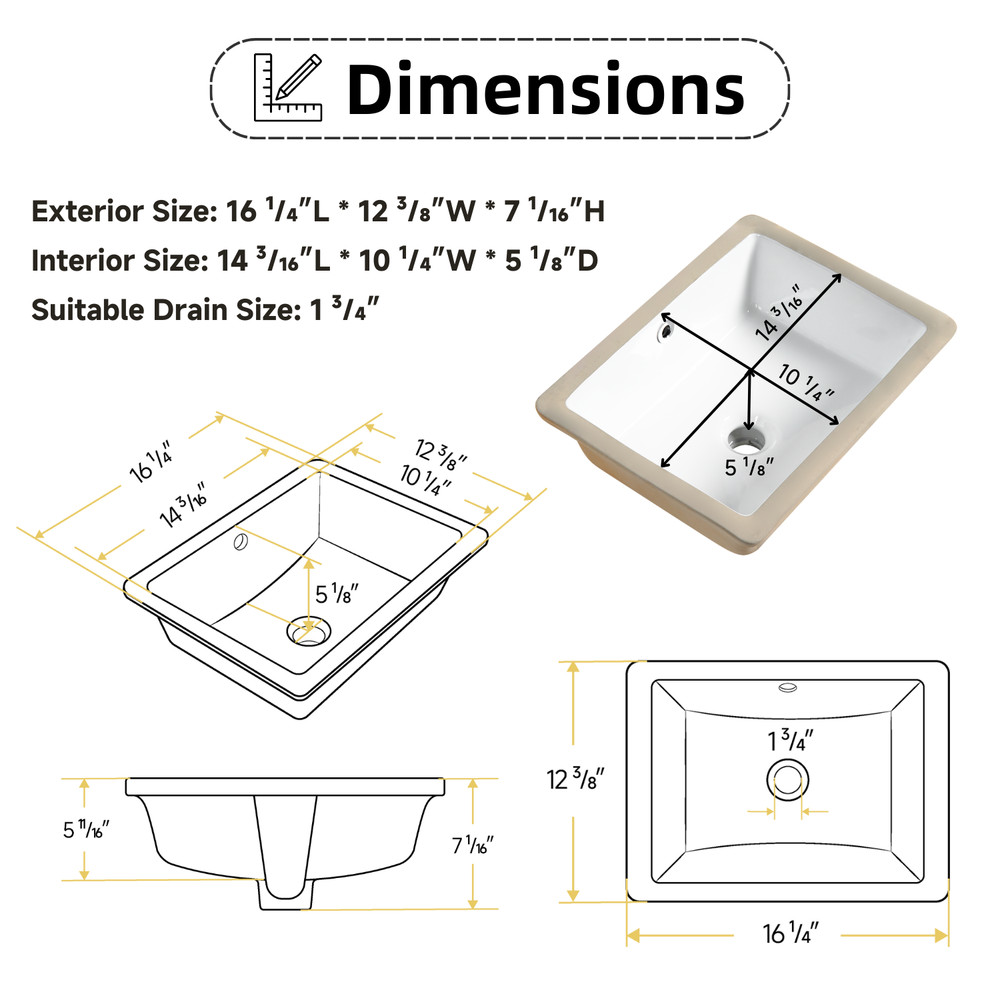16" x12" Undermount Bathroom Sink Rectangular, White Ceramic With Overflow