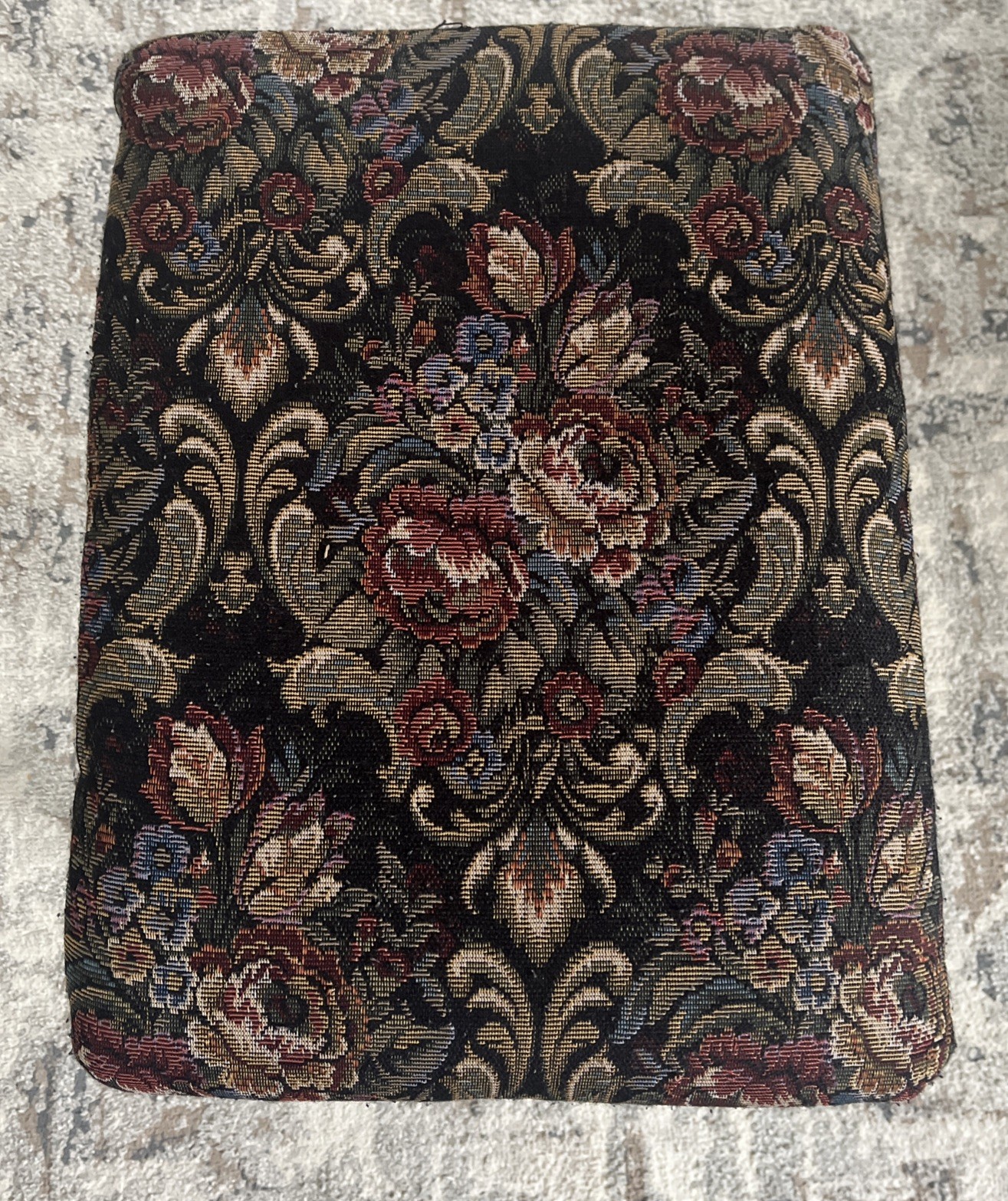 Vintage Wooden Upholstered Footstool Floral Tapestry Brown Stool