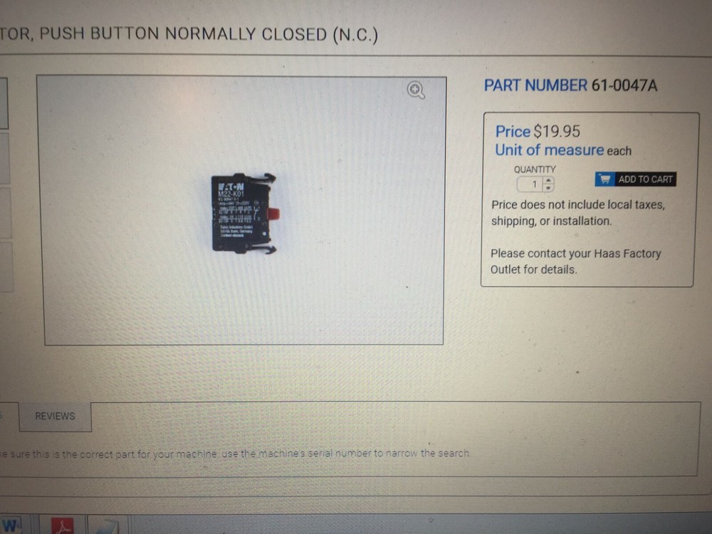 HAAS PUSH BUTTON CONTACTOR, EATON PT# 61-0047A (N.C.)