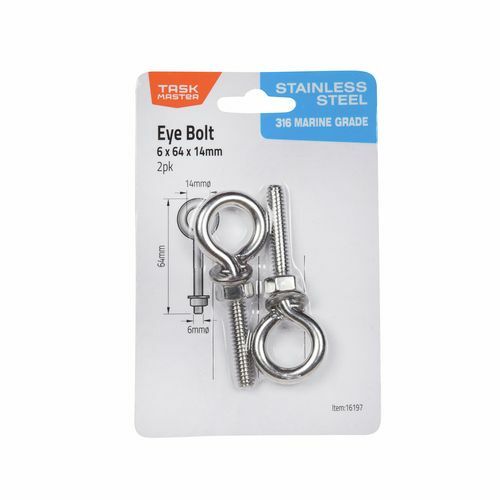 Taskmaster 6 x 64 x 14mm 316 Stainless Steel Eye Bolt - 2 Pack