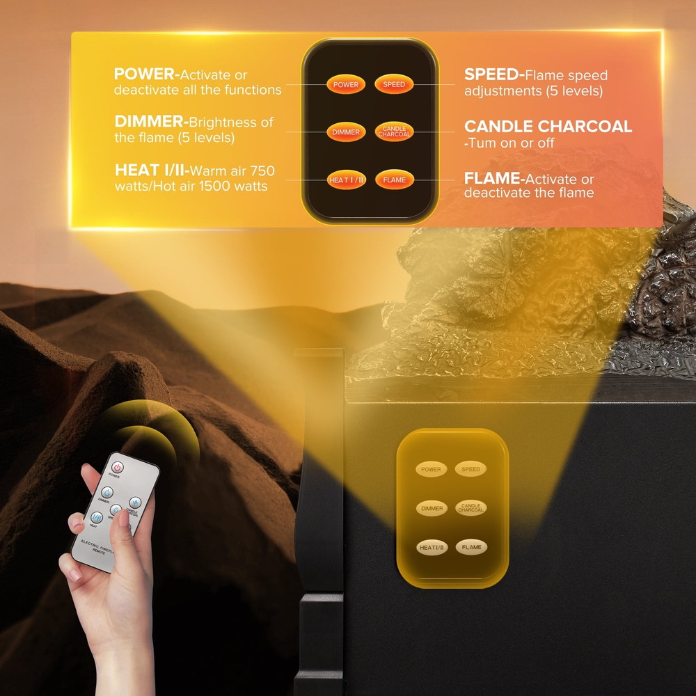 21" Electric Fireplace Log Heater, Remote, Adjustable Flame, Overheat Protection