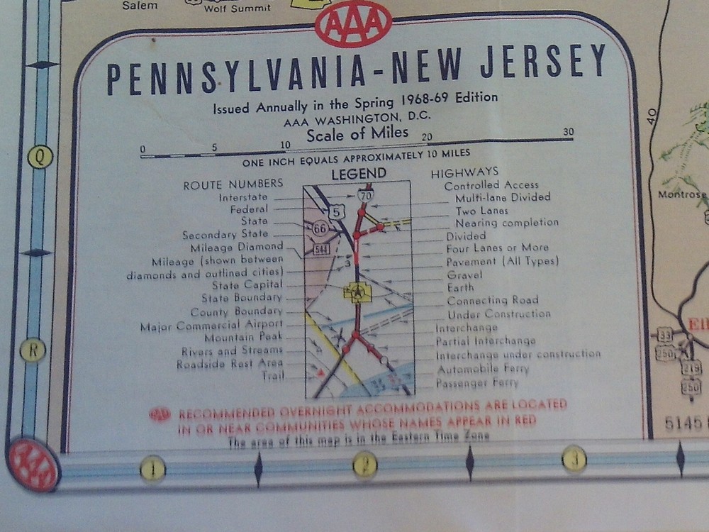 1968 Road Map Pennsylvania & New Jersey AAA....