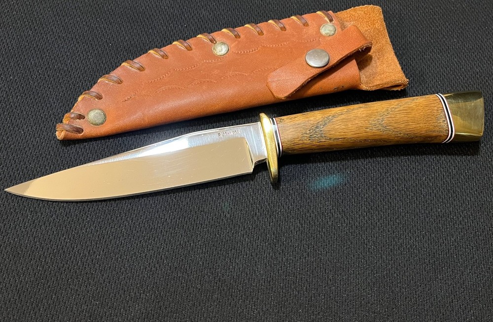 RB Johnson Backup Knife -Custom FIGHTING -Curly Oak Handle -ca 1991