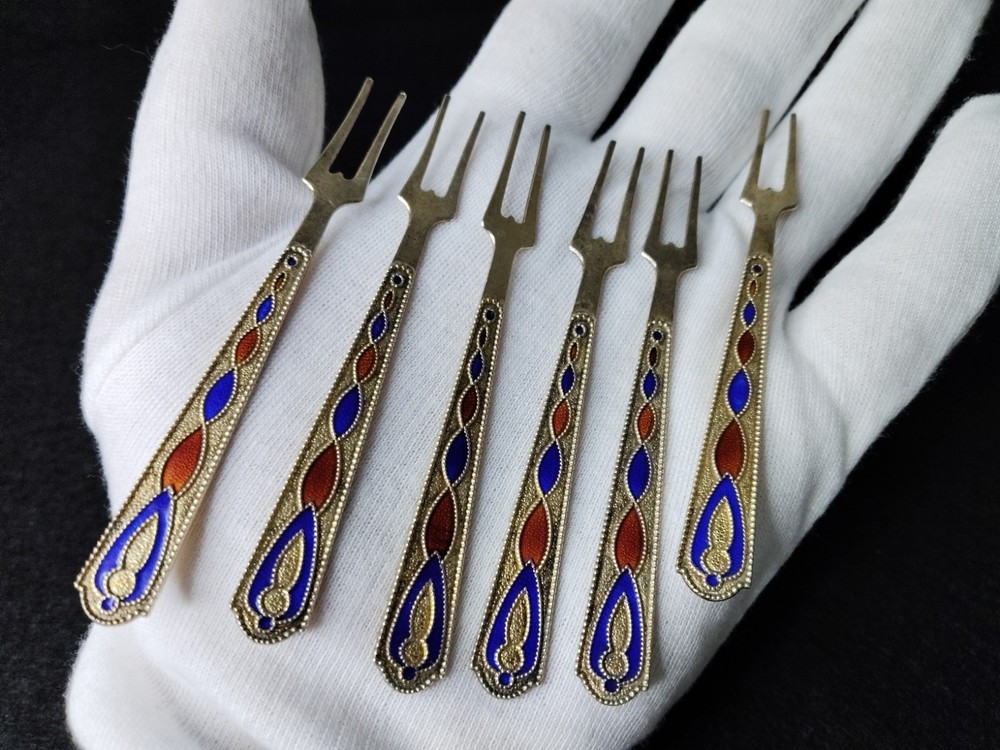 Vintage Soviet gilded silver enameled fork (6 pieces). Silver 875 proof.33 grams