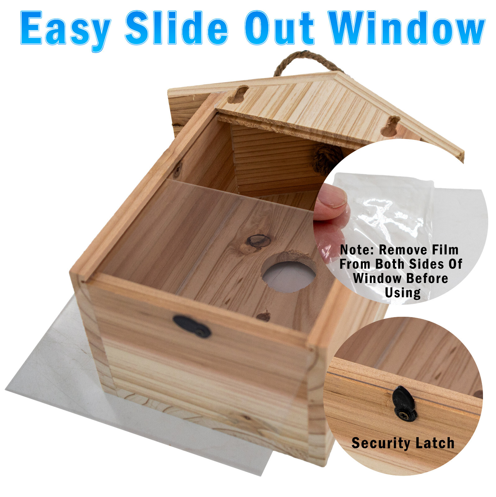 Wood Birdhouse See Through Window , Suction Cups, Lanyard Rope, Bird Nesting Box