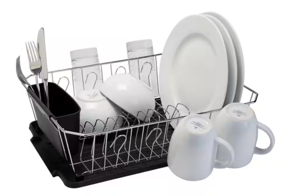 Dish Drainer Rack with Water Mat, 3-Piece, Chrome