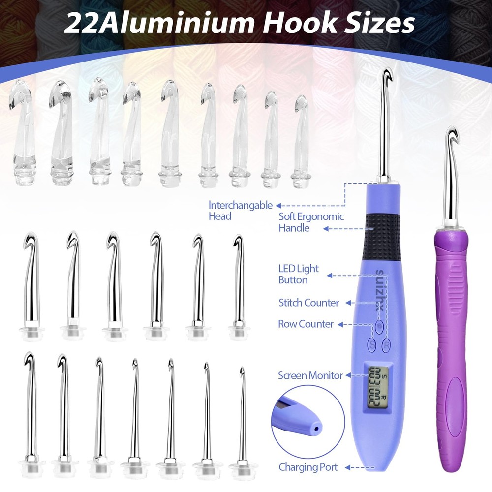 Counting Crochet Hook Set Digital, Crochet Kit with 22 Different Size Interch...