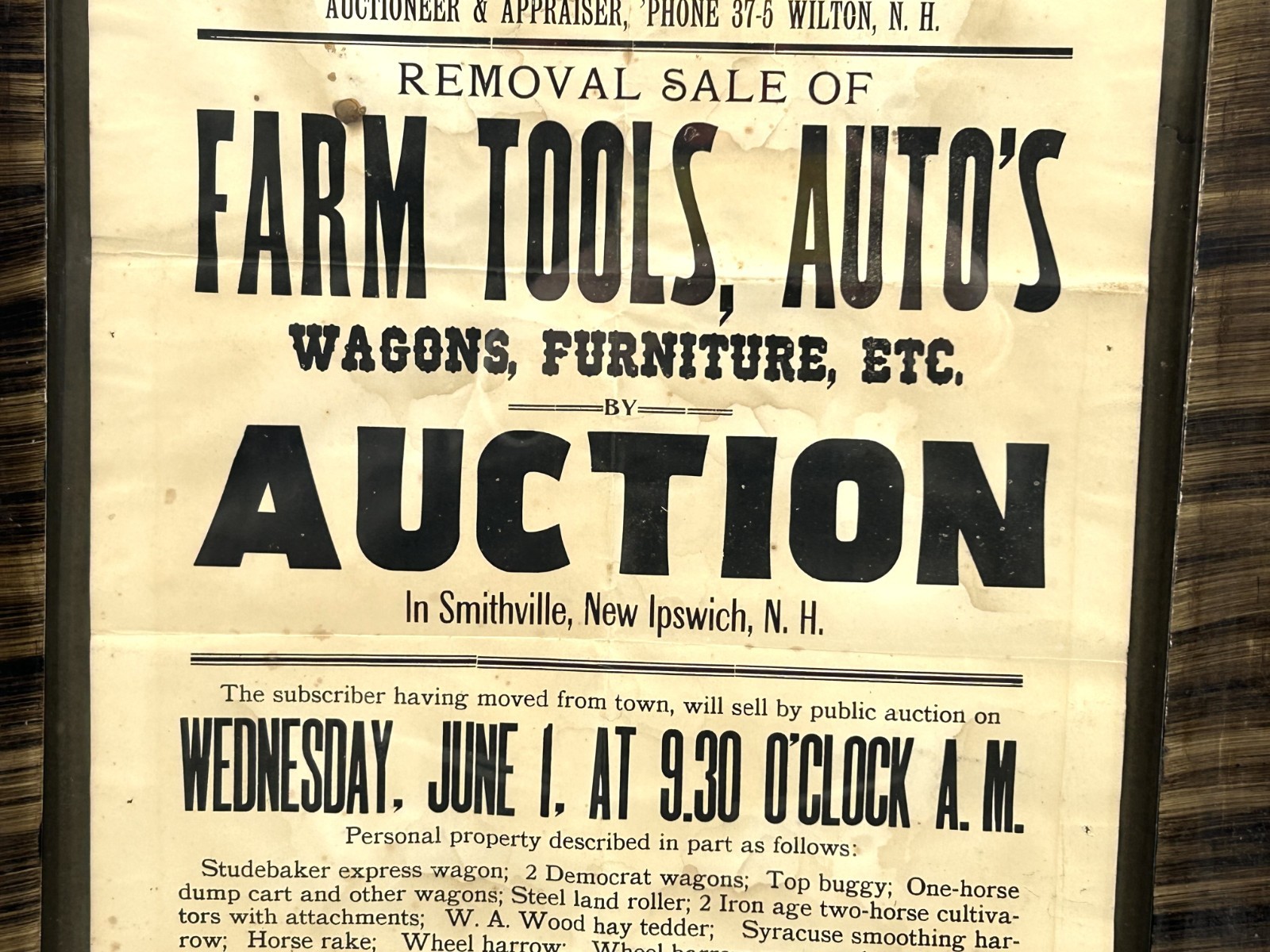 Antique Circa 1912 NEW HAMPSHIRE Auction Advertising Poster Tiger Striped Frame