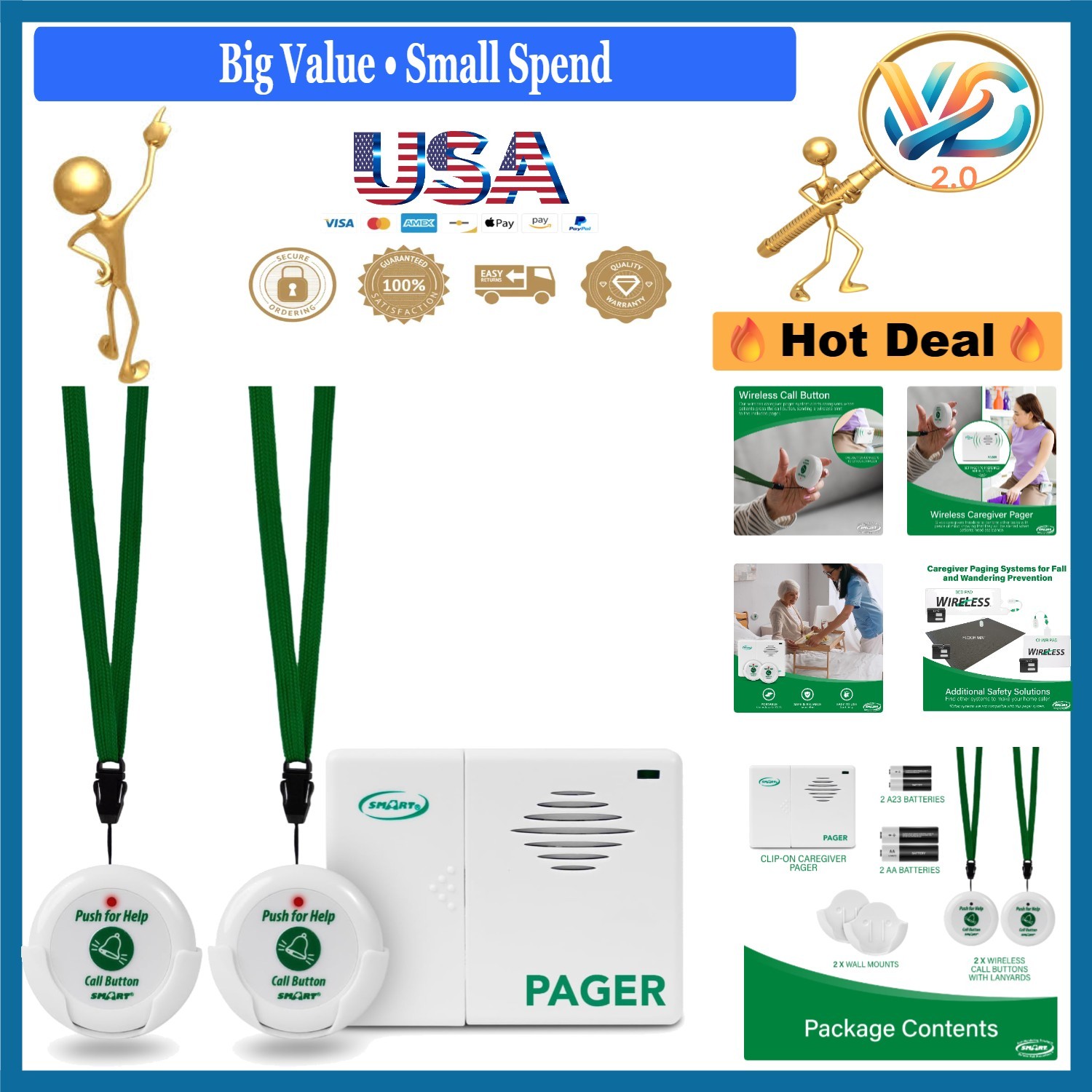 Wireless Caregiver Pager System with 2 Call Buttons for Elderly Assistance