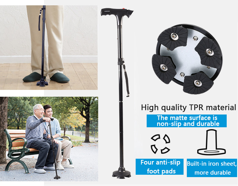 Folding Adjustable Walking Stick Cane with LED Torch & Alarm button Strap Handle