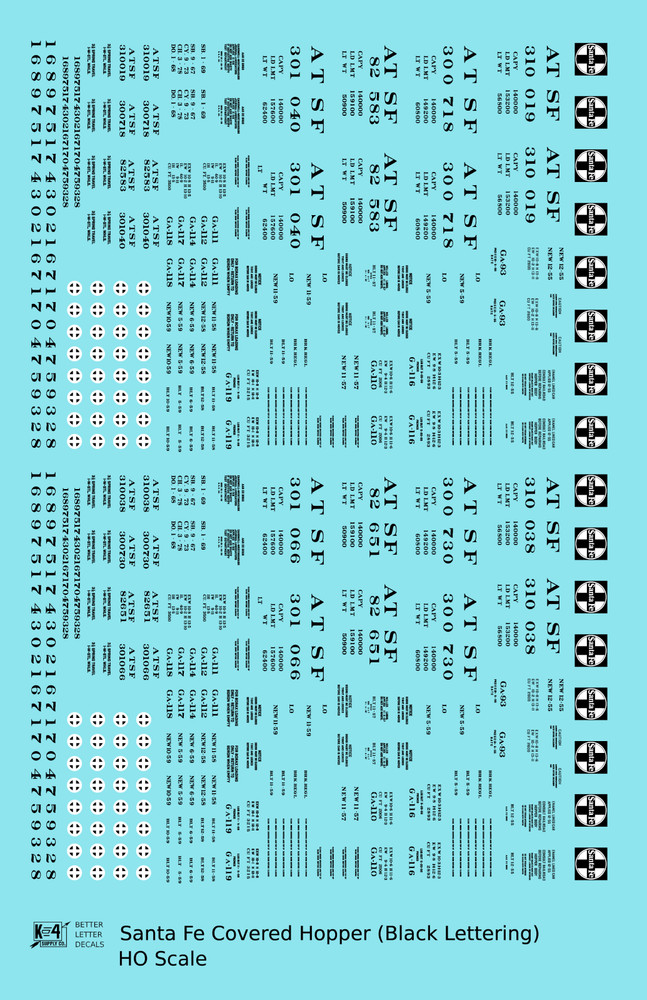 K4 HO Scale Decals Santa Fe Covered Hopper Black