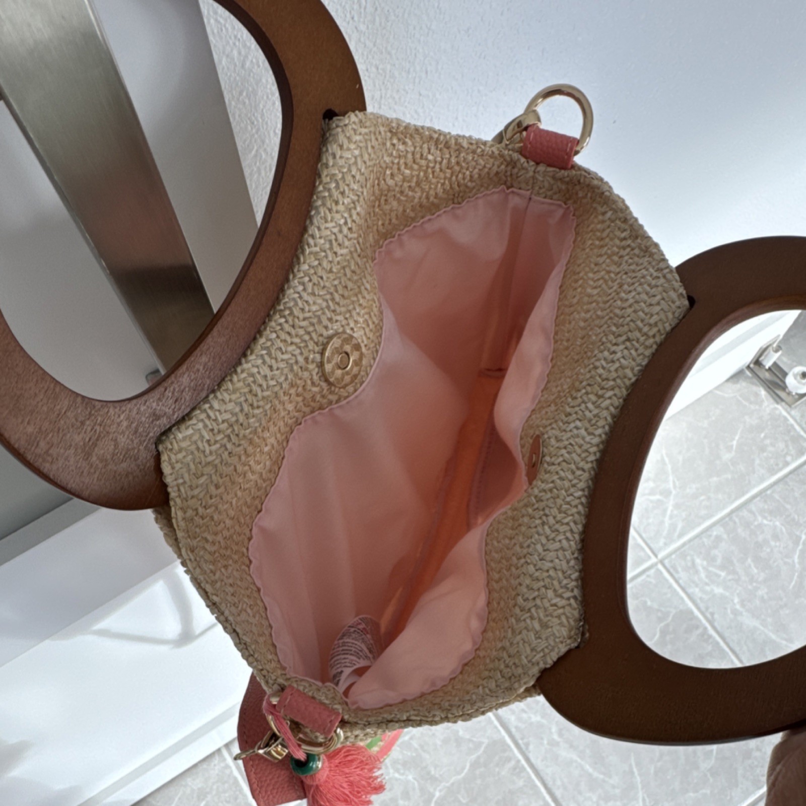 Disney Mickey Mouse Hello Summer Straw Shoulder Bag Coral Strap Wooden Handle