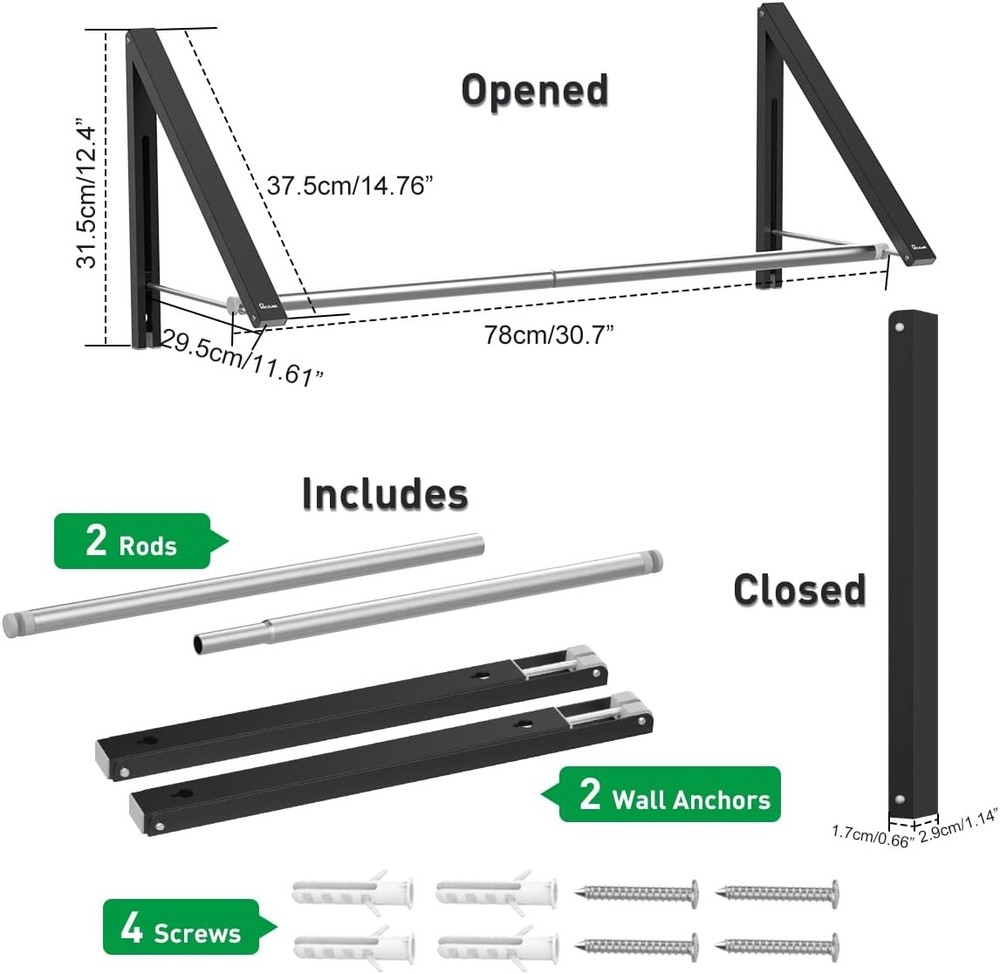 Retractable Clothes Rack - Wall Mounted Folding Hanger Drying for Laundry Room
