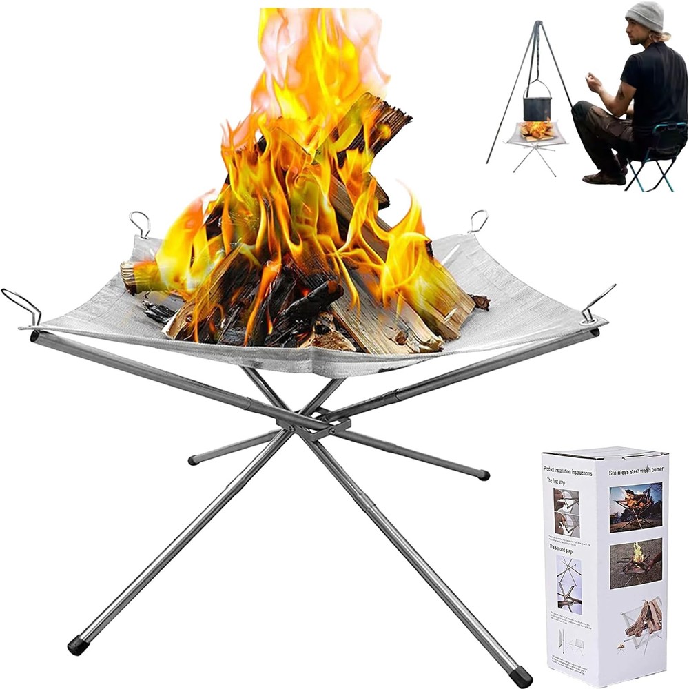 Portable Fire Pit for Camping 22Inch Collapsible Stainless Silver