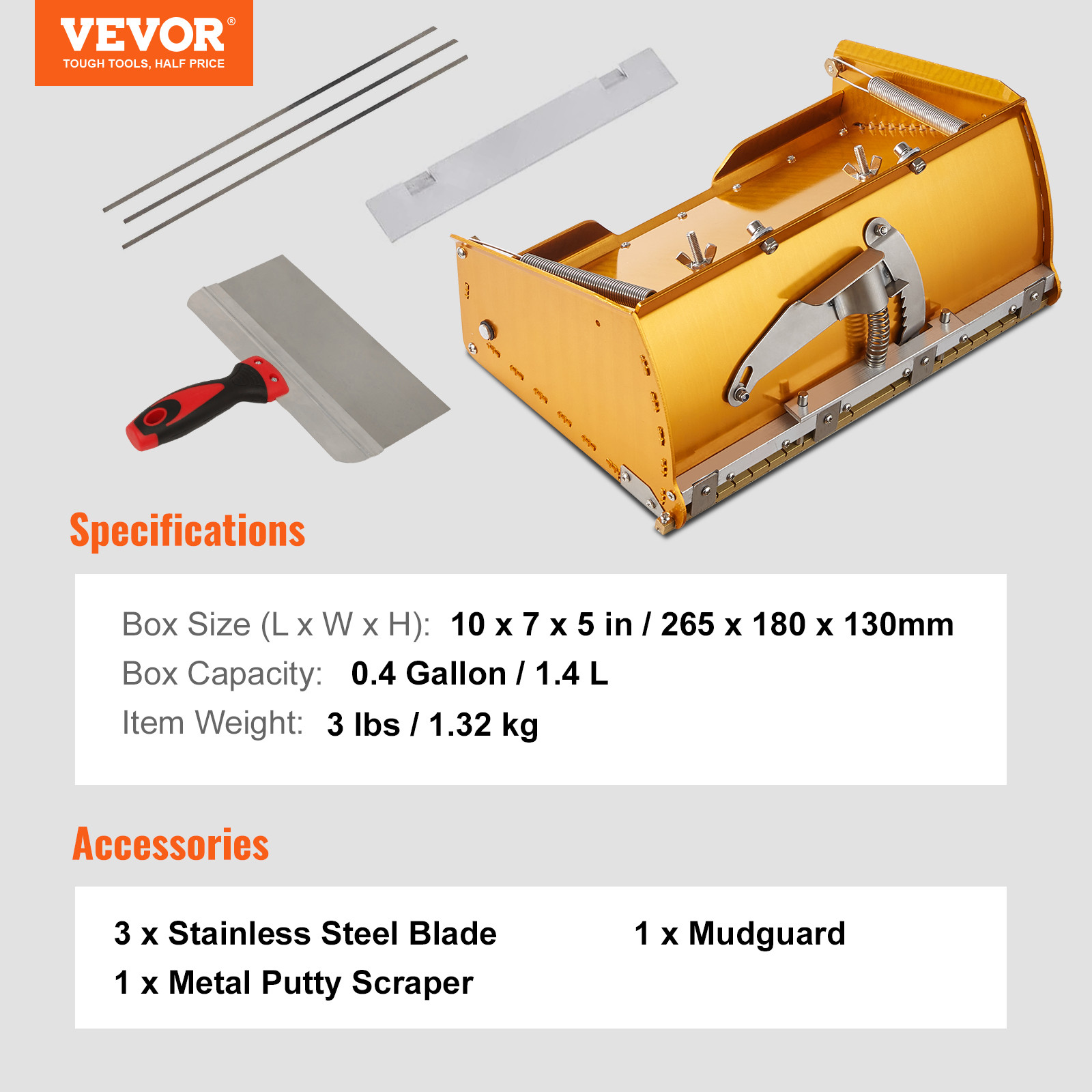 VEVOR Drywall Flat Box Finishing Mud Box 10'' Wall Compound Putty 2 Bonus Blades