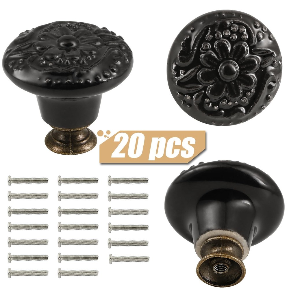 Black Ceramic Knobs 20 Pack Flower Drawer Pulls Vintage Cabinet Knobs - Antiq...