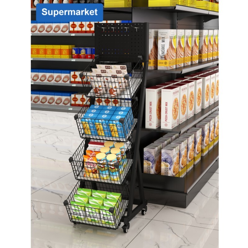 Retail Display Rack Stand 4 Tier Snack Candy Shelf Cart w/Wheels & Display Board