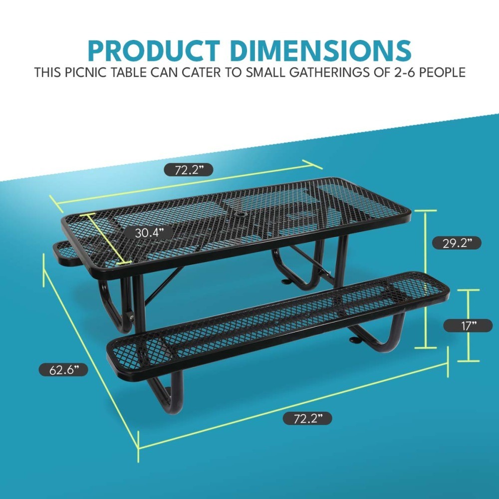 6FT Steel Rectangular Picnic Table w/ Center Umbrella Hole, Black