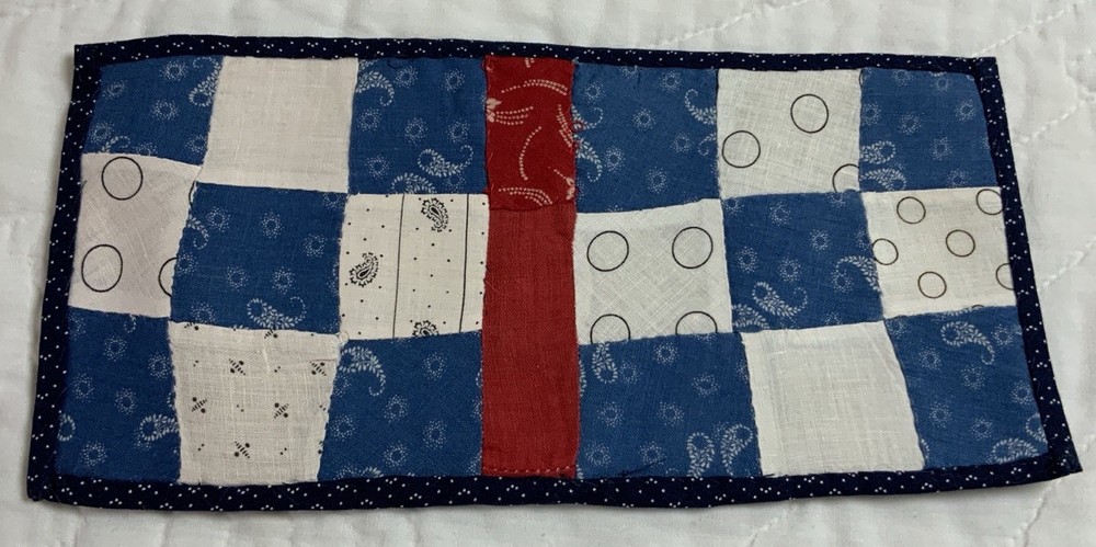 Antique Vintage Patchwork Quilt Table Topper, Nine Patch, Rectangle, Blue & Red