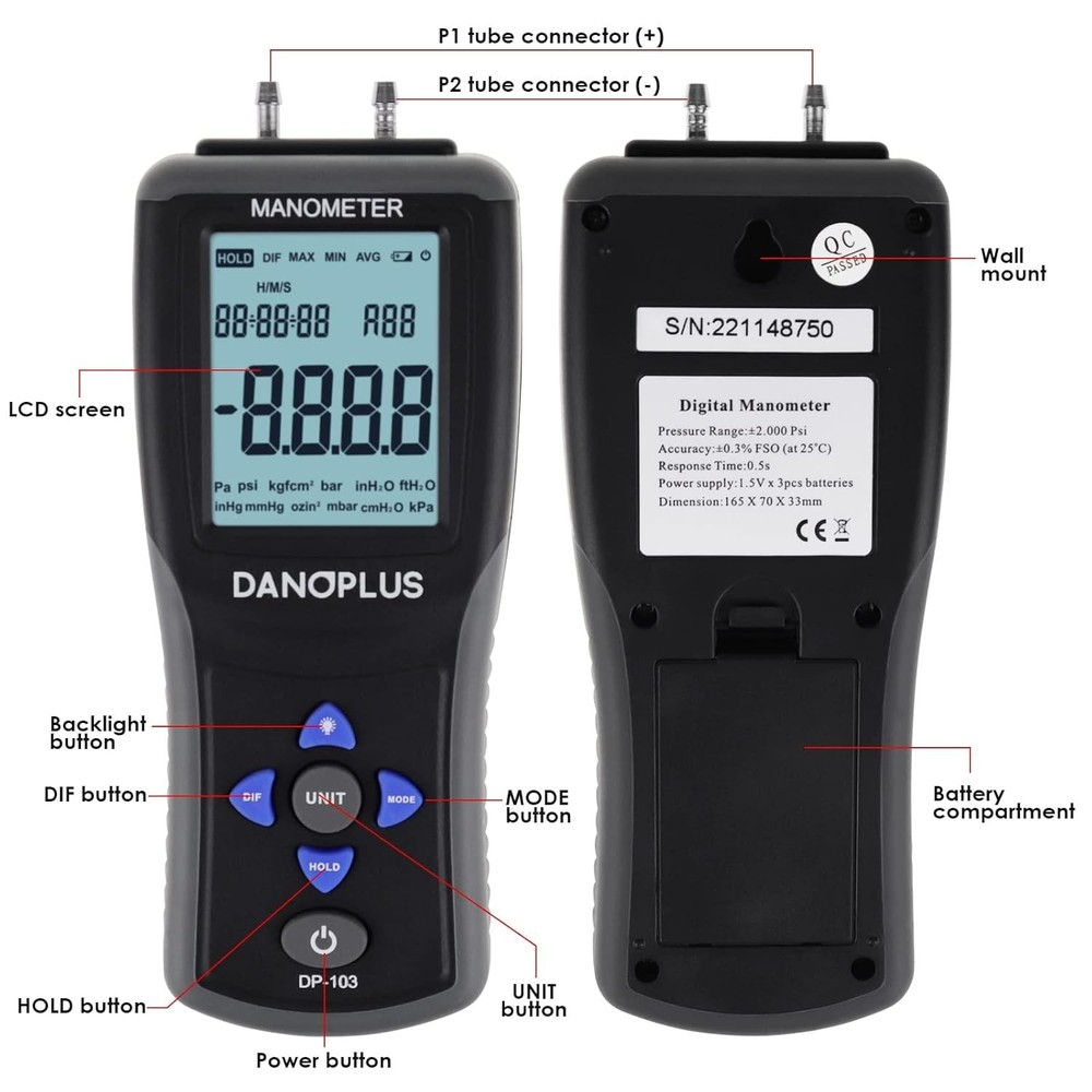 Manometer Digital Manometer Gas Pressure Tester Professional 12 Selectable Un...