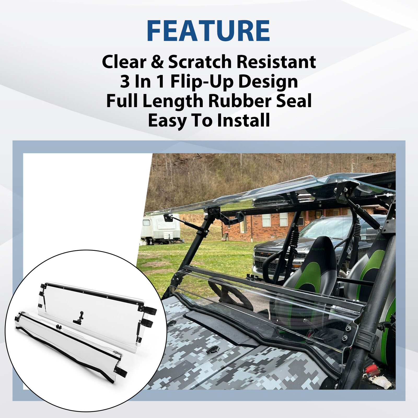 Folding Flip Windshield Scratch Resistant For Kawasaki Teryx 4 800/ 4 S ,2016-23