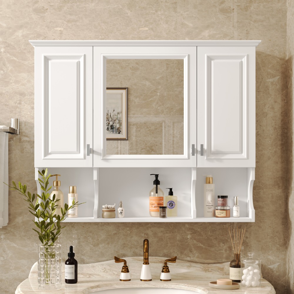 Modern Bathroom Wall Cabinet W Mirror Open Shelves