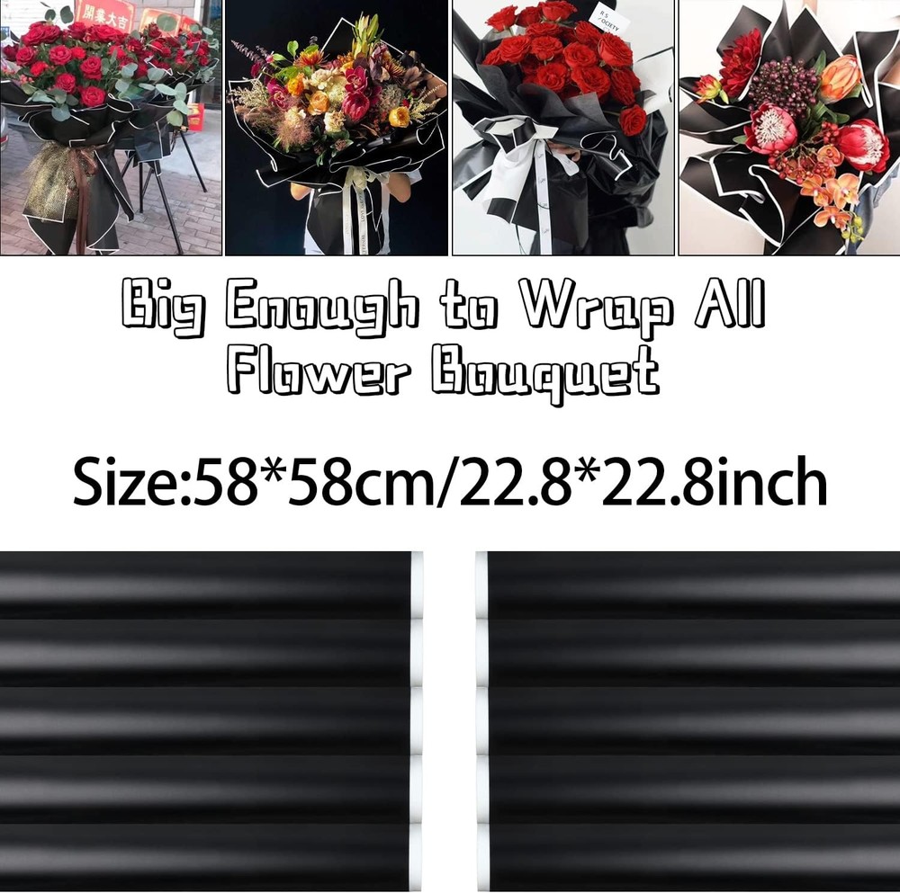20 Sheets Black Flower Wrapping Paper with White Edge,Waterproof