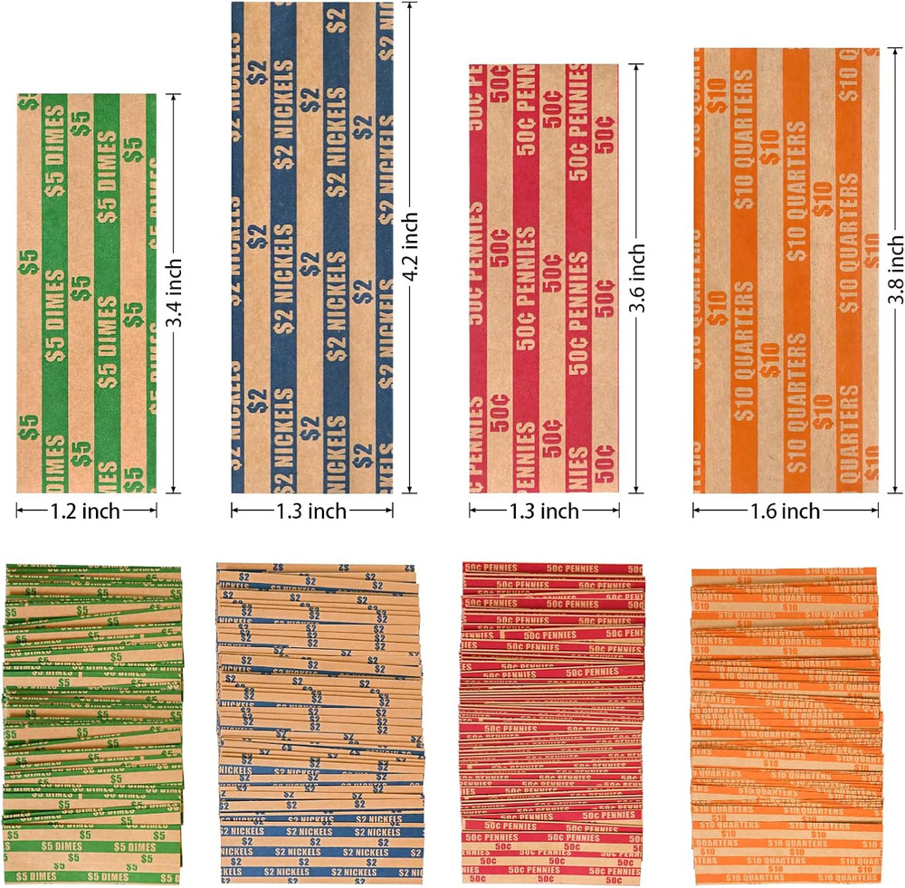 100 Pcs Assorted Packed Flat Stripped Coin Wrappers, Coin Rolls Wrapper for Quar