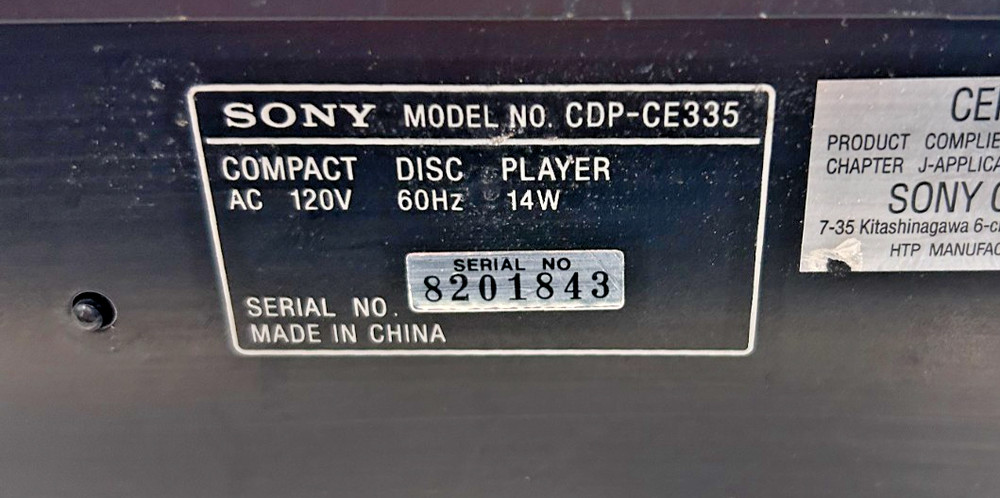 Sony CDP-CE335 5-Disc CD Carousel Changer Player NO REMOTE - TESTED Working