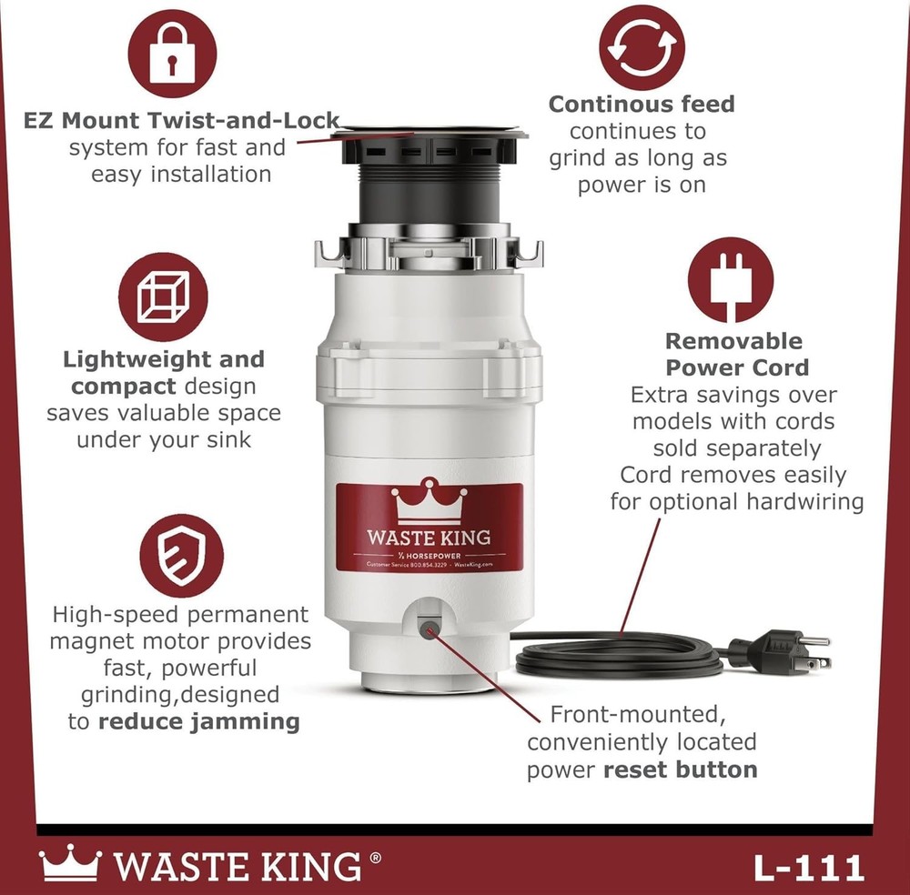 Compact Kitchen Garbage Disposal with Power Cord