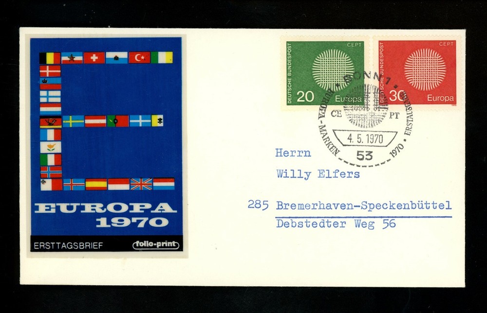 Postal History Germany FDC #1018-1019 Europa flags 1970