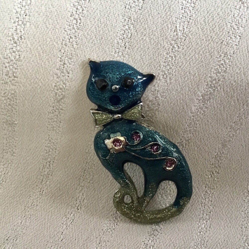 Cat Fridge Magnet - Blue Enamel 1”x2"