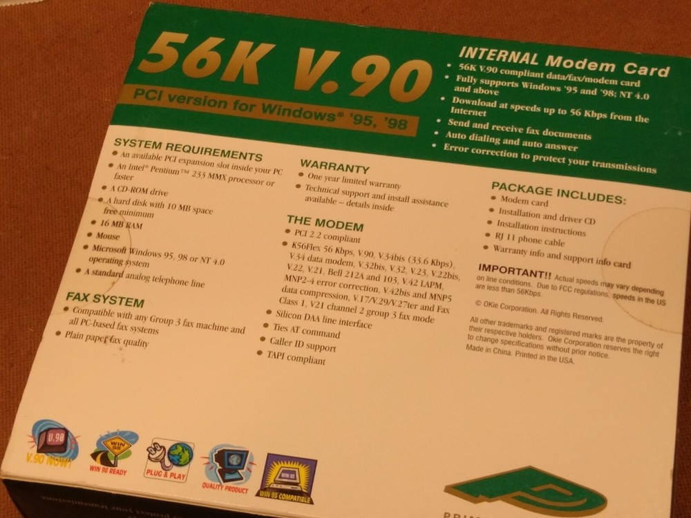 PRIME PERIPHERALS 56K V.90 Internal PCI Modem Card Sealed.