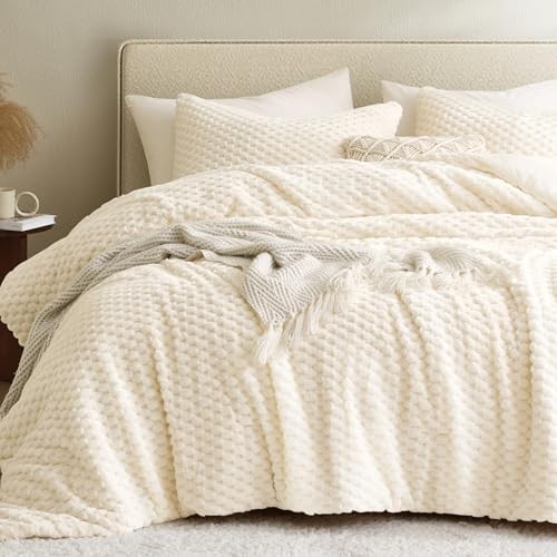 Fluffy Comforter Set - Ultra-Soft Flannel Thick Comforter Queen Cream White
