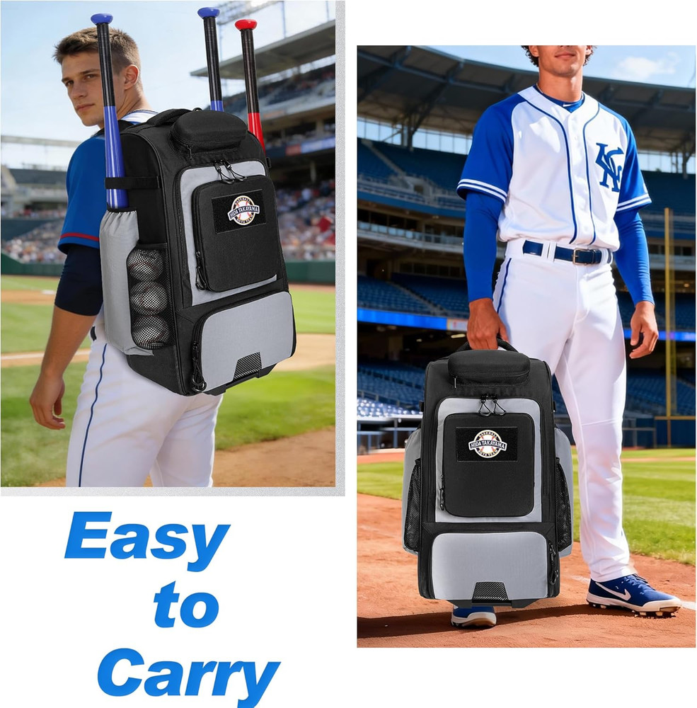 Rolling Baseball Backpack with Wheels Holds 4 Bats Shoe Compartment Fence Hook