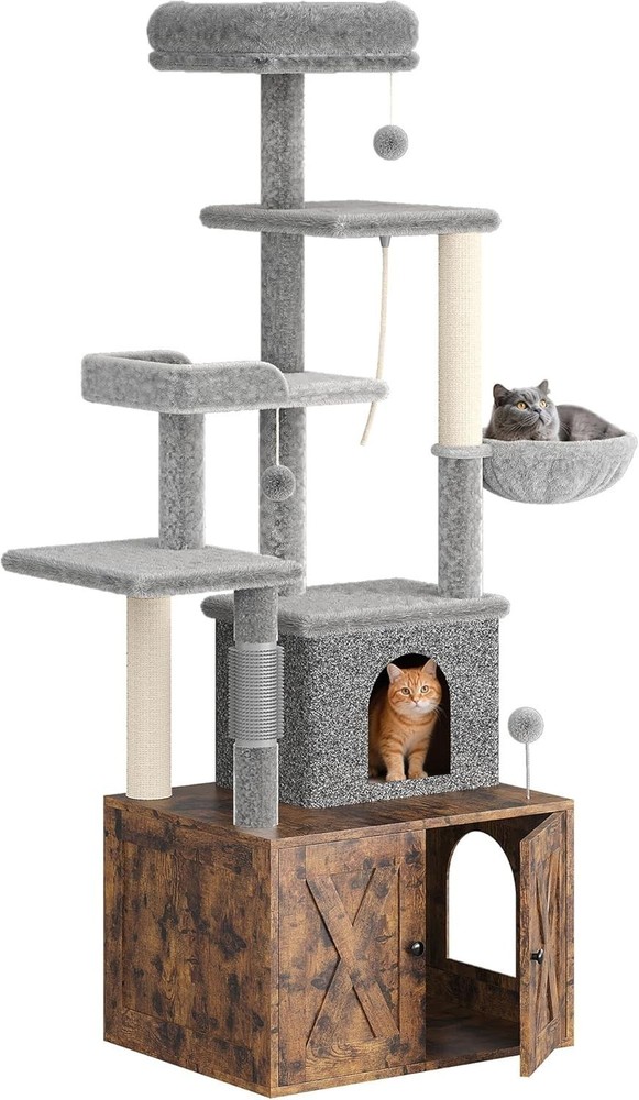 Large Cat Tree 55'' Cat Tower, Multi-Level Cat Condo with Litter Box Enclosure
