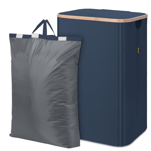 Laundry Hamper with Lid, Tall Laundry Baskets with Bamboo Pull 100 liters Blue