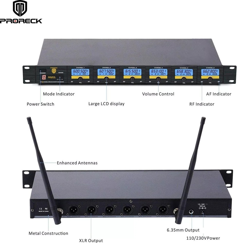 PRORECK MX66 6-Channels UHF Cordless Microphone System with 6 Hand-held Set