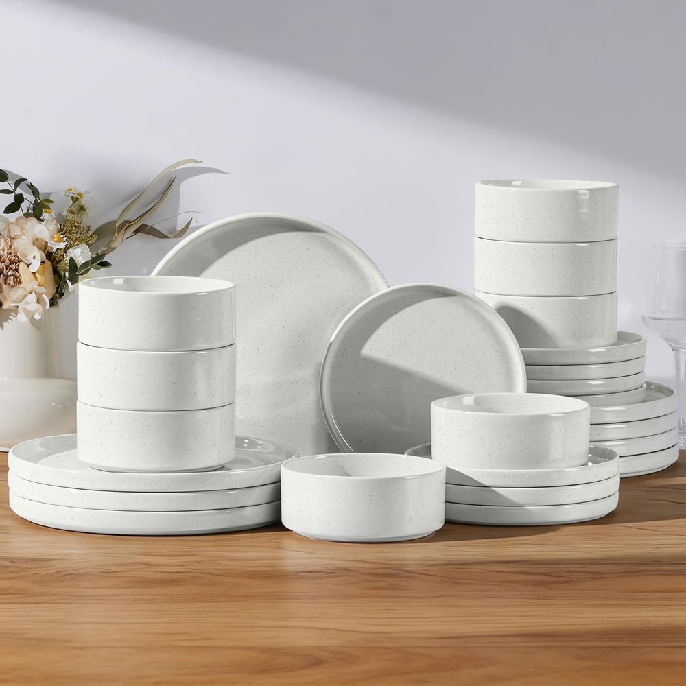 E-far 8-Persons Dinnerware Set Stone White Speckle Scratch Resistant (24-Pieces)